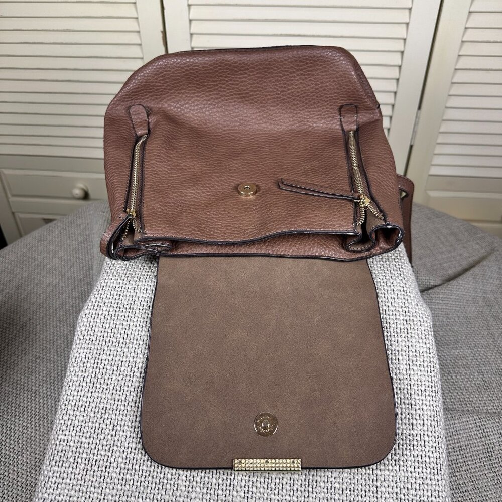 Justfab Cognac Brown Vegan Leather Backpack Bucket Travel Bag Expandable Medium - Picture 3 of 6